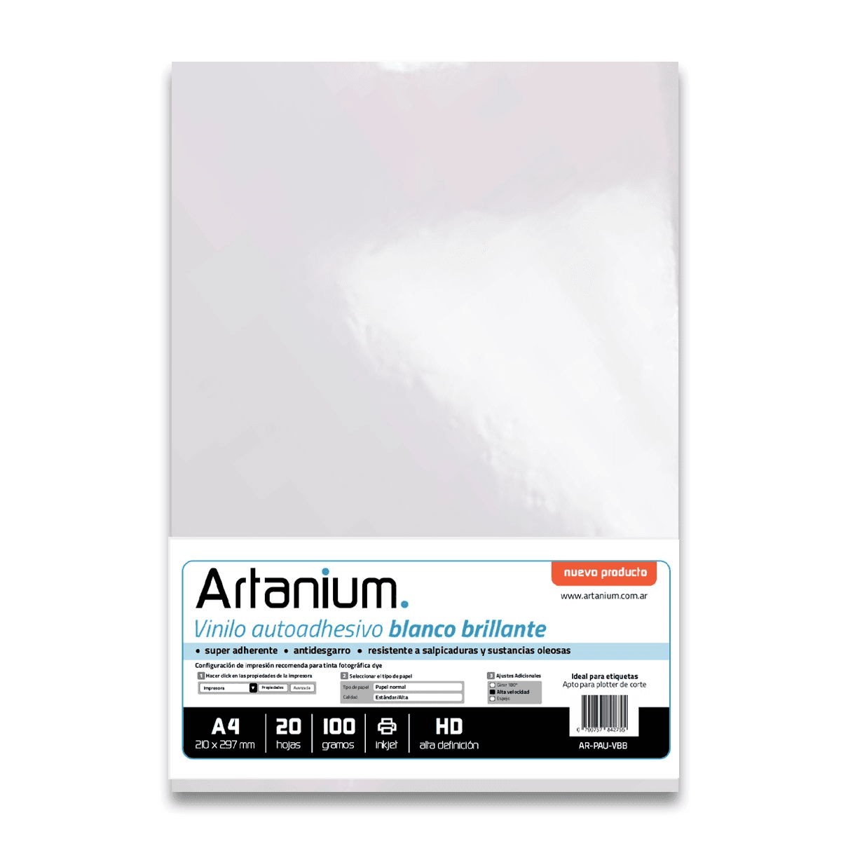 Vinilo Adhesivo Blanco Brillante - A4 100gr - 20 Hojas