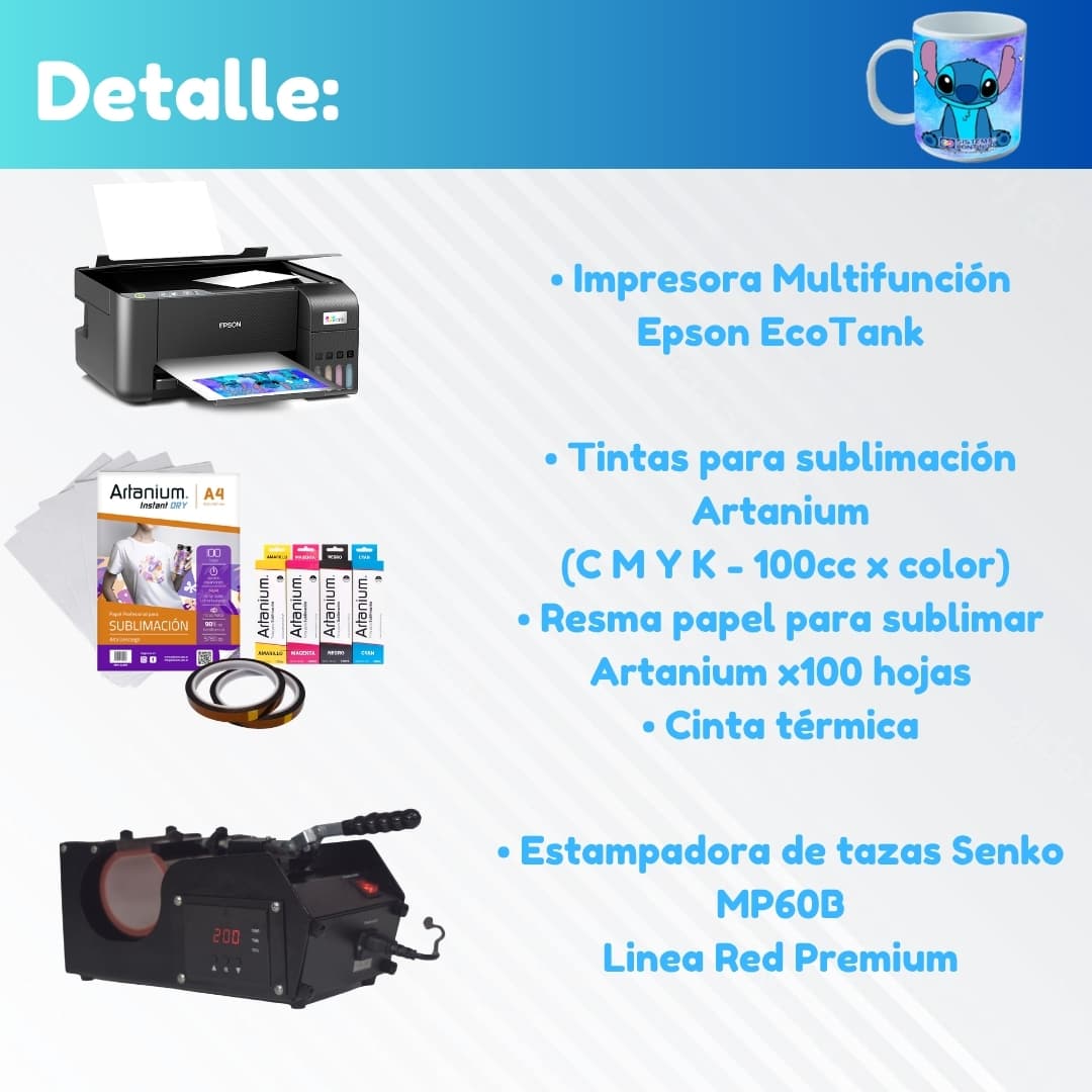 Combo TAZAS: Estampadora de Tazas + Impresora Epson + Tintas + Papel + Cinta Térmica