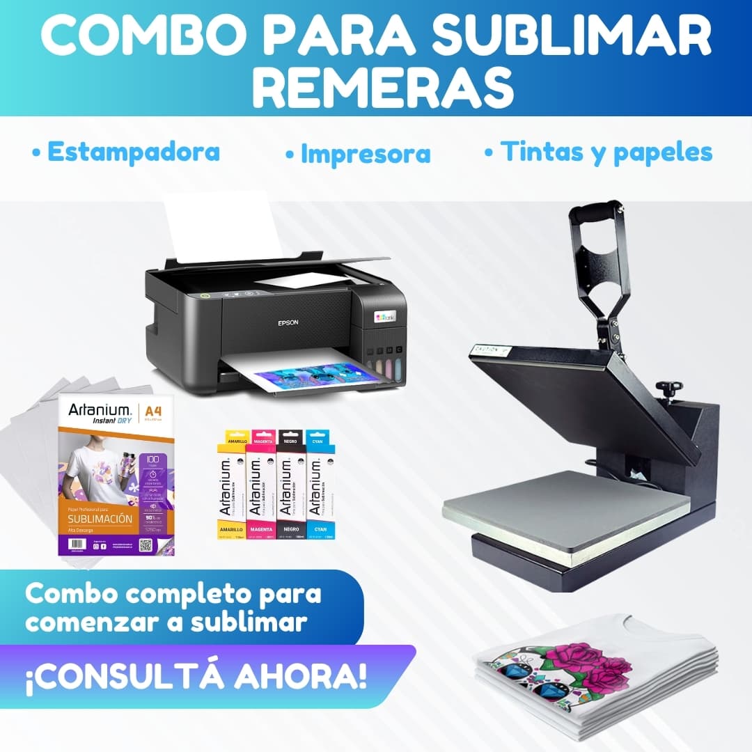 Combo REMERAS: Estampadora Plana de 38×38 + Impresora Epson + Tintas + Papel + Cinta Térmica