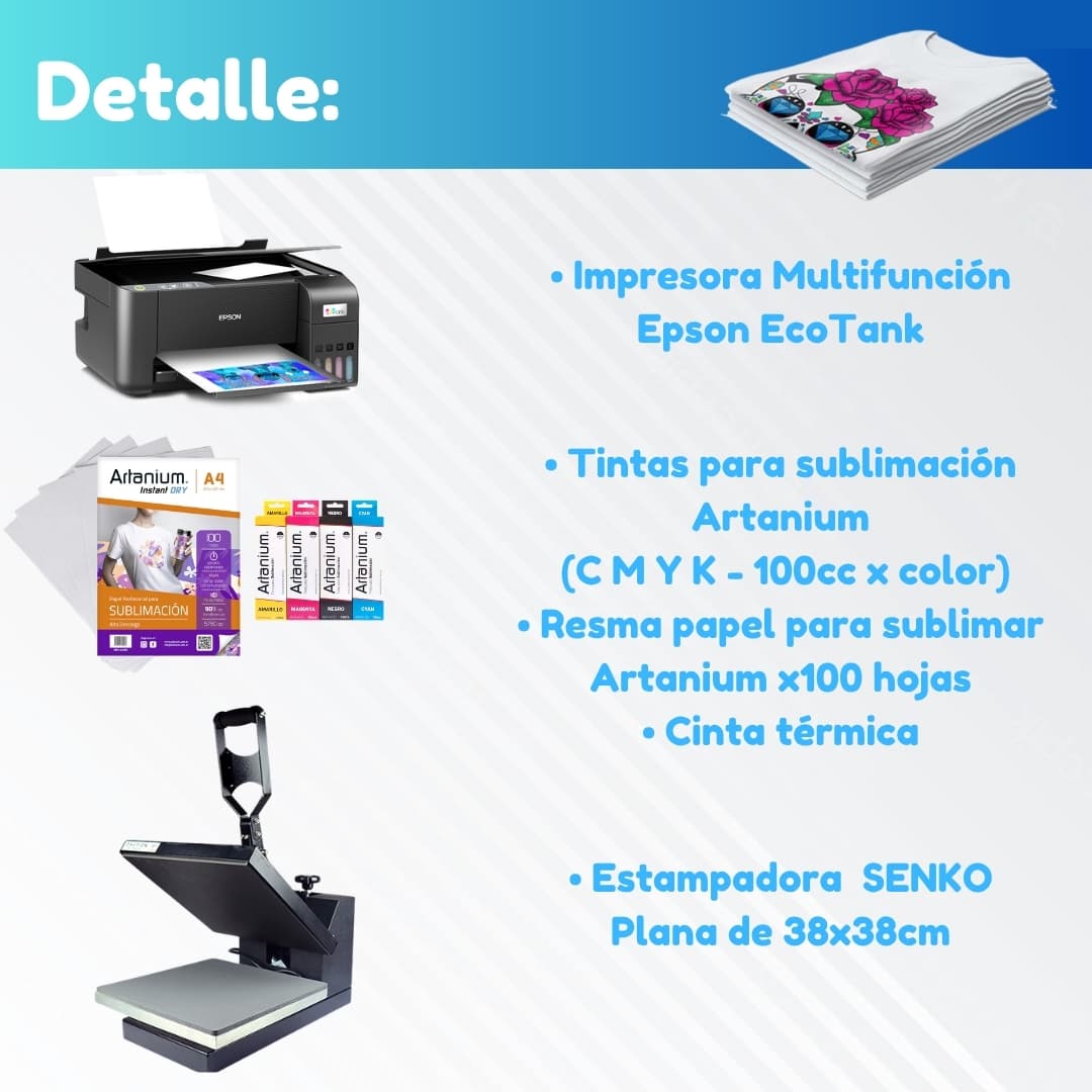 Combo REMERAS: Estampadora Plana de 38×38 + Impresora Epson + Tintas + Papel + Cinta Térmica