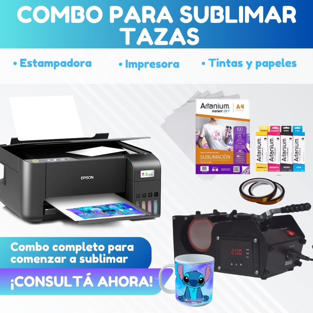 Combo TAZAS: Estampadora de Tazas + Impresora Epson + Tintas + Papel + Cinta Térmica