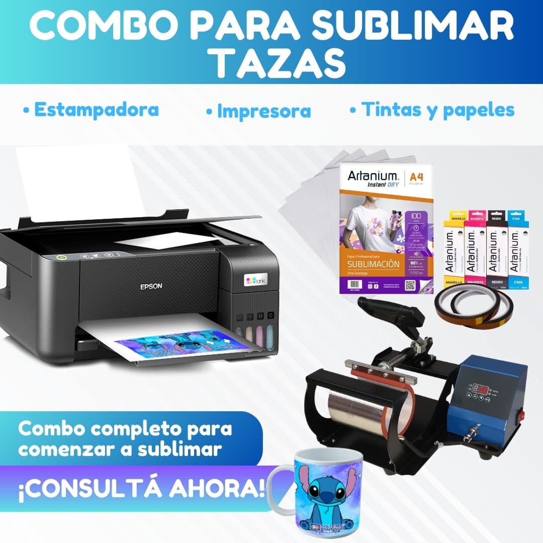 Combo TAZAS: Estampadora de Tazas + Impresora Epson + Tintas + Papel + Cinta Térmica