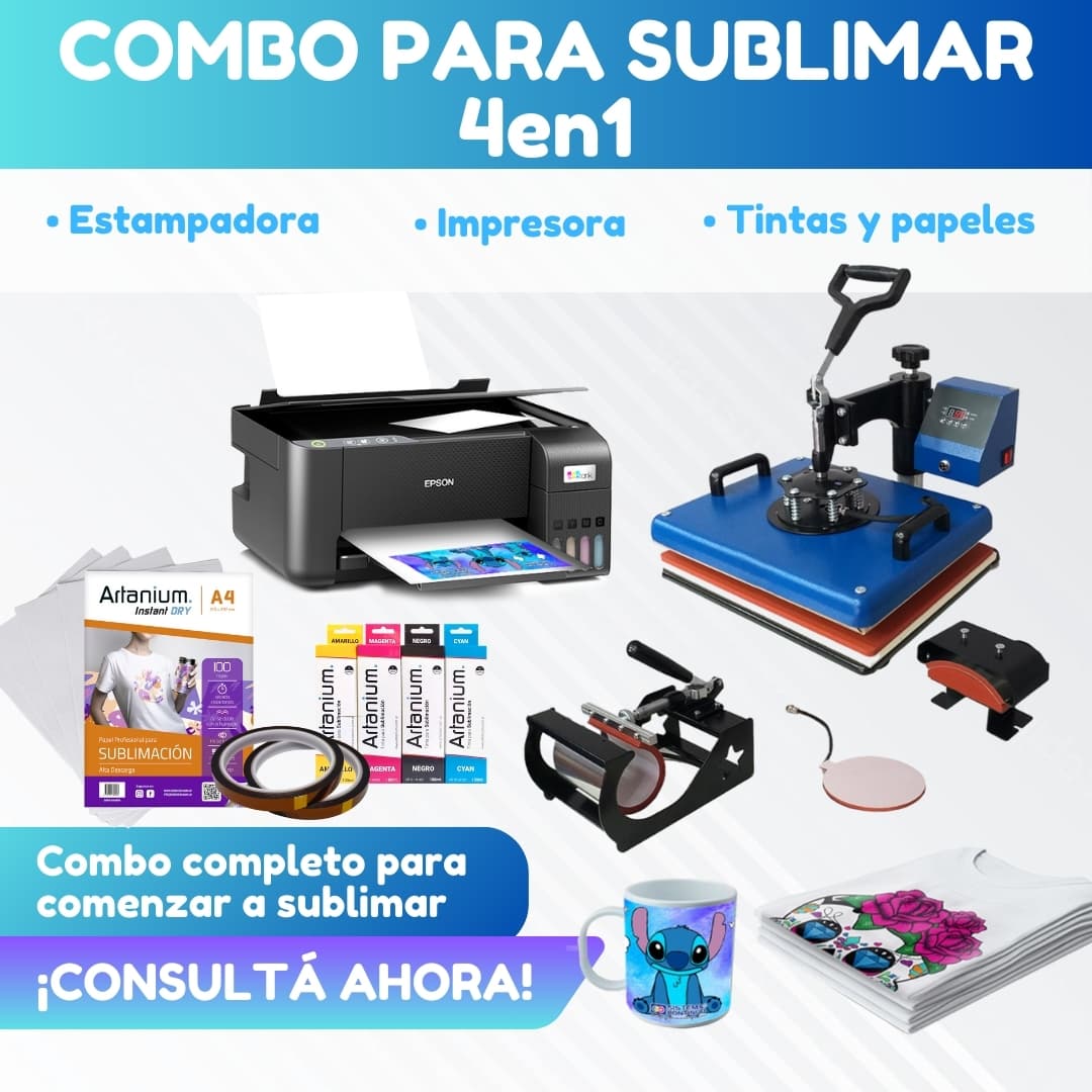 Combo TODO EN 1: Estampadora 4 en 1 de 30x38 + Impresora Epson + Tintas + Papel + Cinta Térmica
