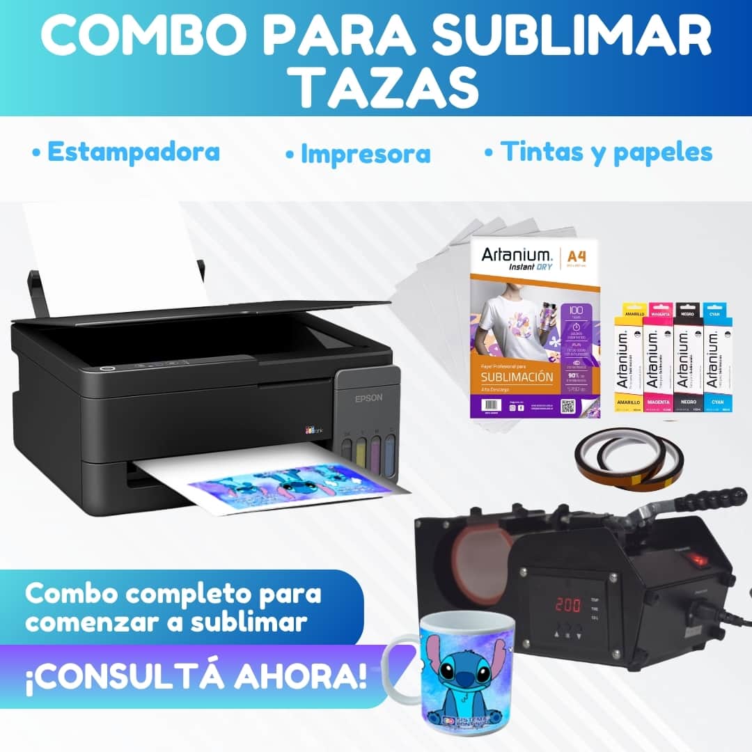 Combo TAZAS: Estampadora de Tazas + Impresora Epson + Tintas + Papel + Cinta Térmica